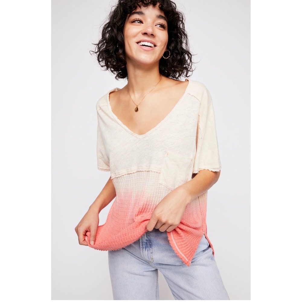 We The Free Sun Dial Tee Free People Coral Ombre Waffle Knit V-Neck Top Medium